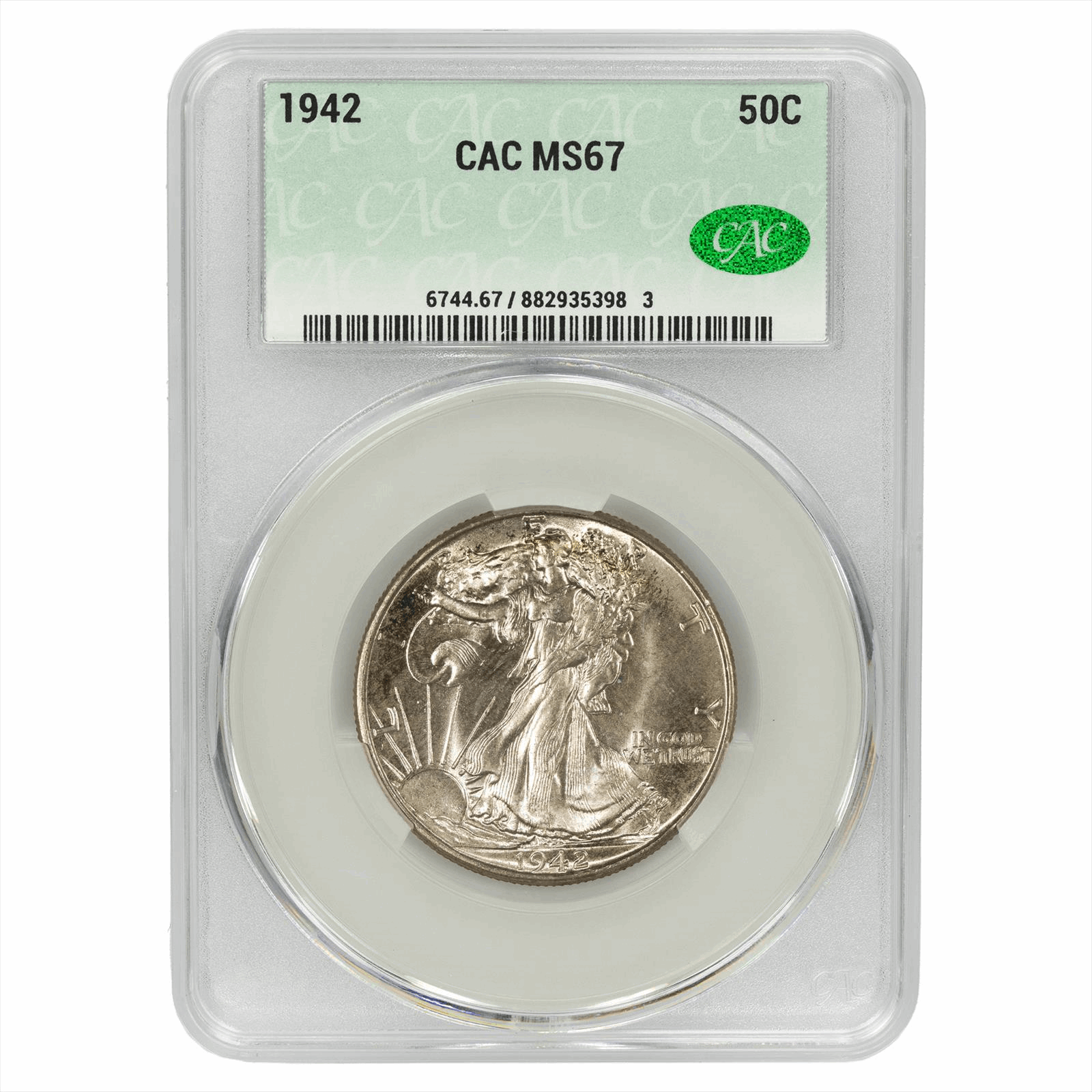 1942 Walking Liberty Half Dollar 50C CACG MS 67 CAC