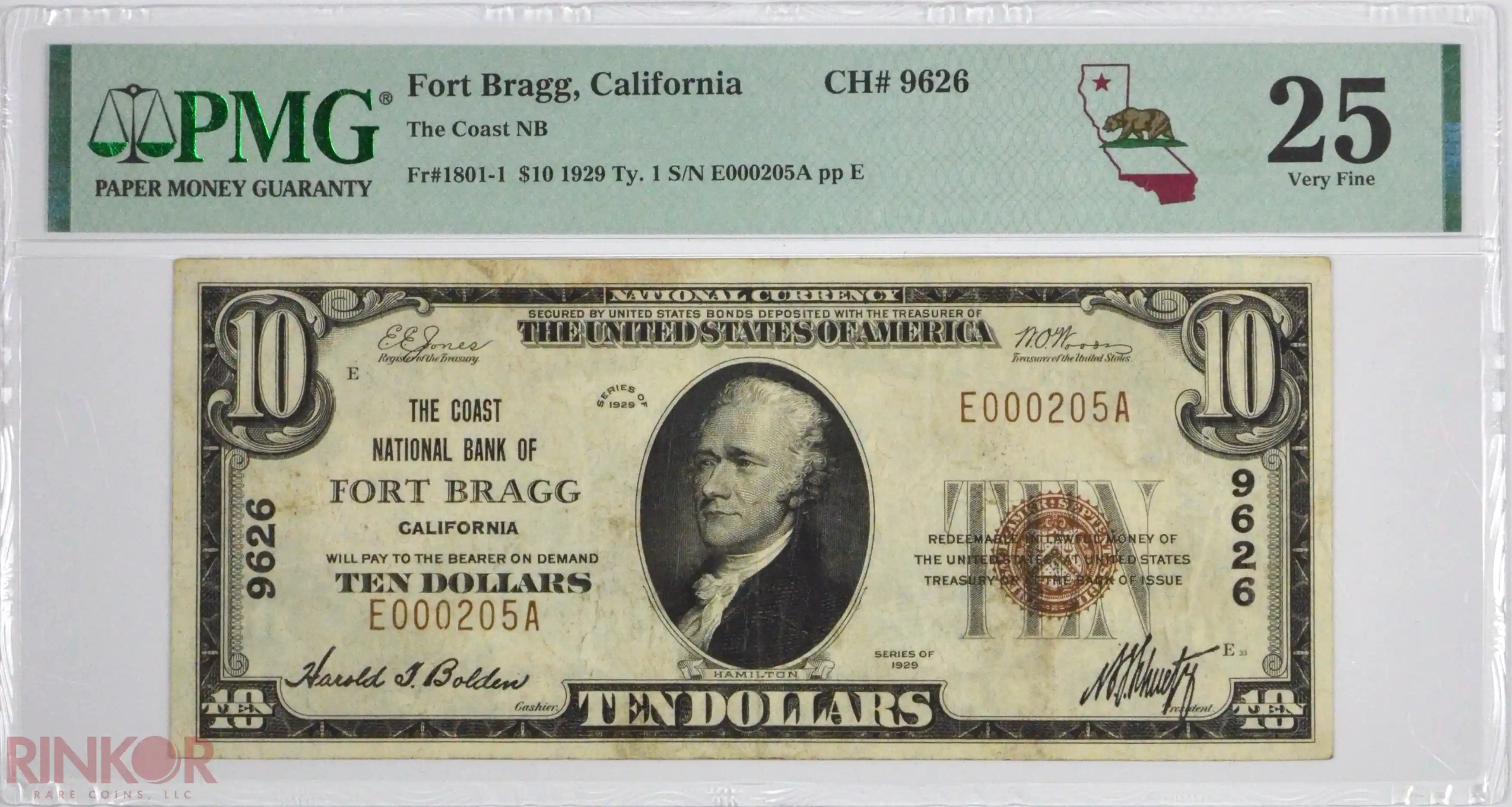 1929 Type 1 $10 Fr. 1801-1 Charter #9626 National Bank Note PMG VF-25