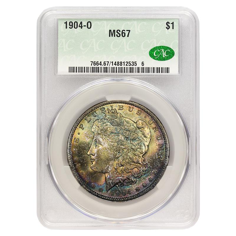 1904-O Morgan Dollar $1 CACG Exceptional Toning MS 67, CAC Certified Green