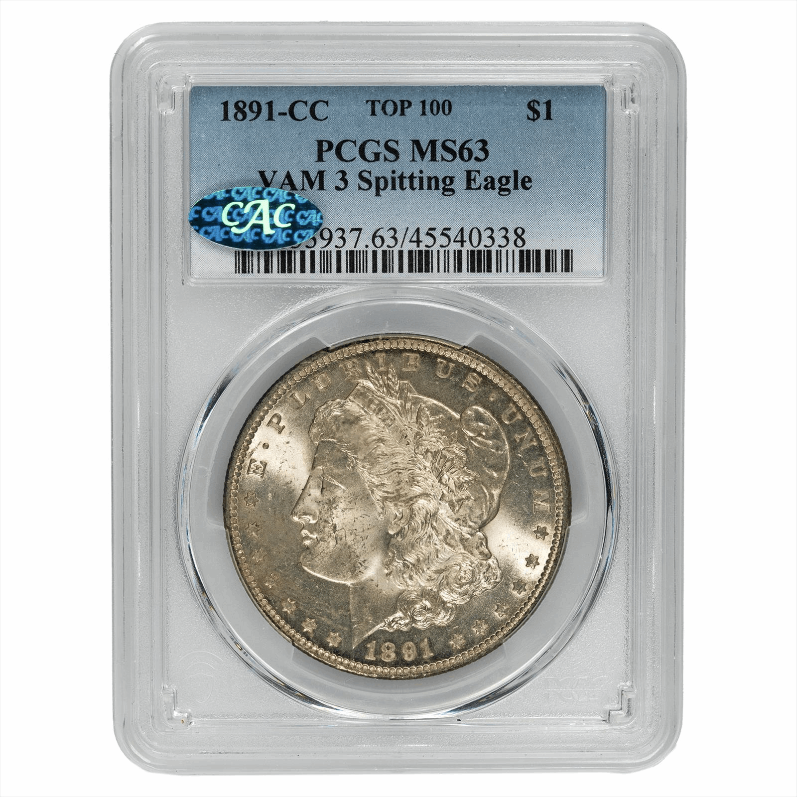 1891-CC Morgan Silver Dollar $1 VAM 3 Spitting Eagle TOP 100 PCGS MS 63 CAC