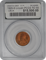 1920-S Lincoln PCGS RD 65