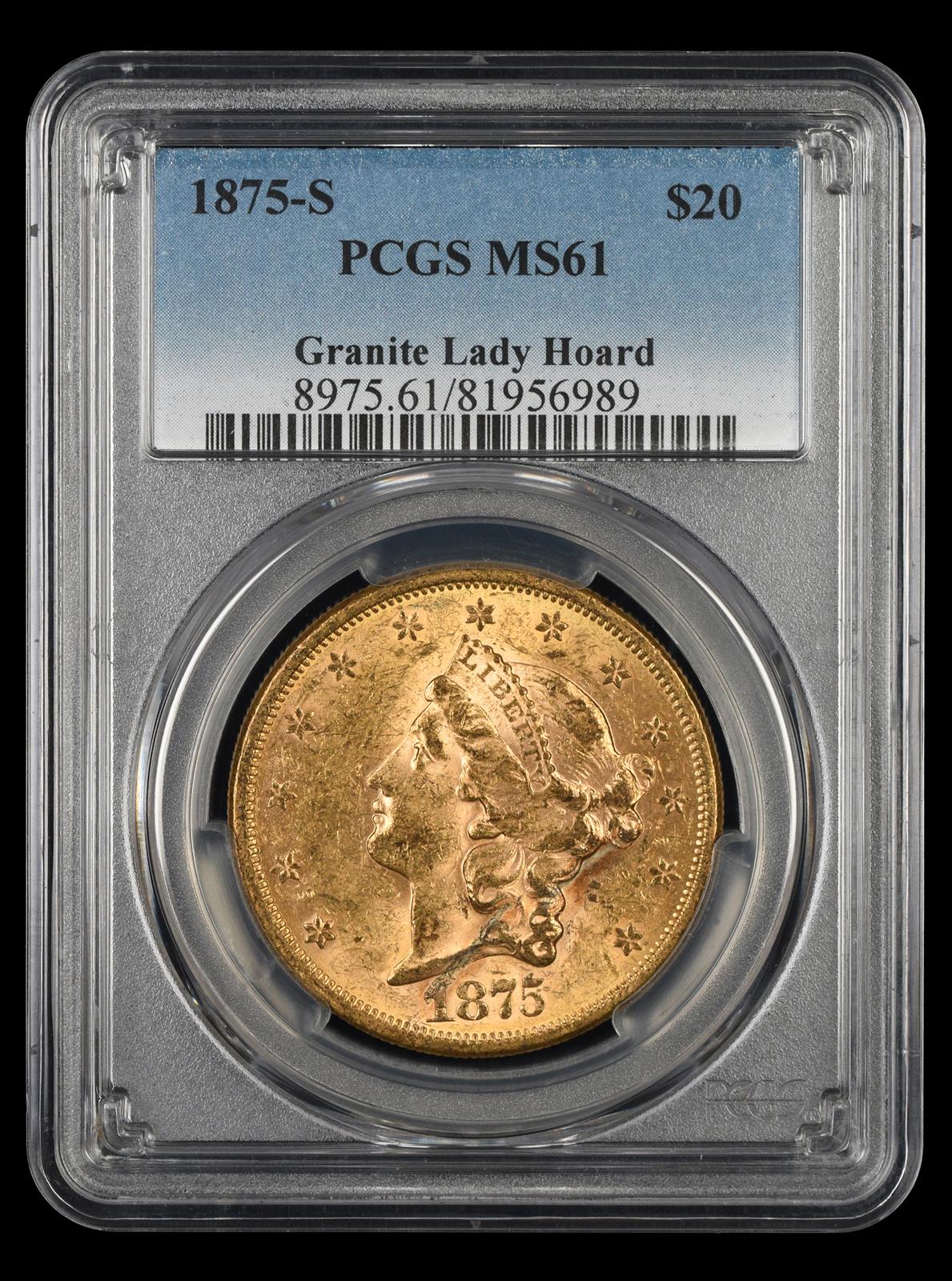 1875-S $20 Gold Granite Lady Hoard PCGS MS 61