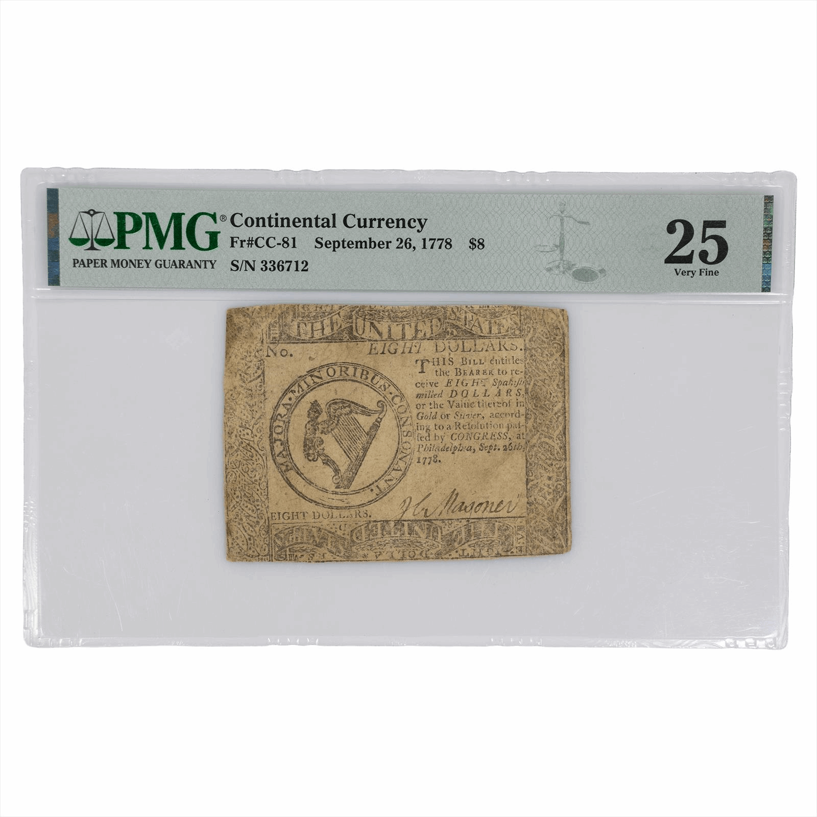 September 26, 1778 Continental Currency $8 FR# CC-81 PMG VF 25