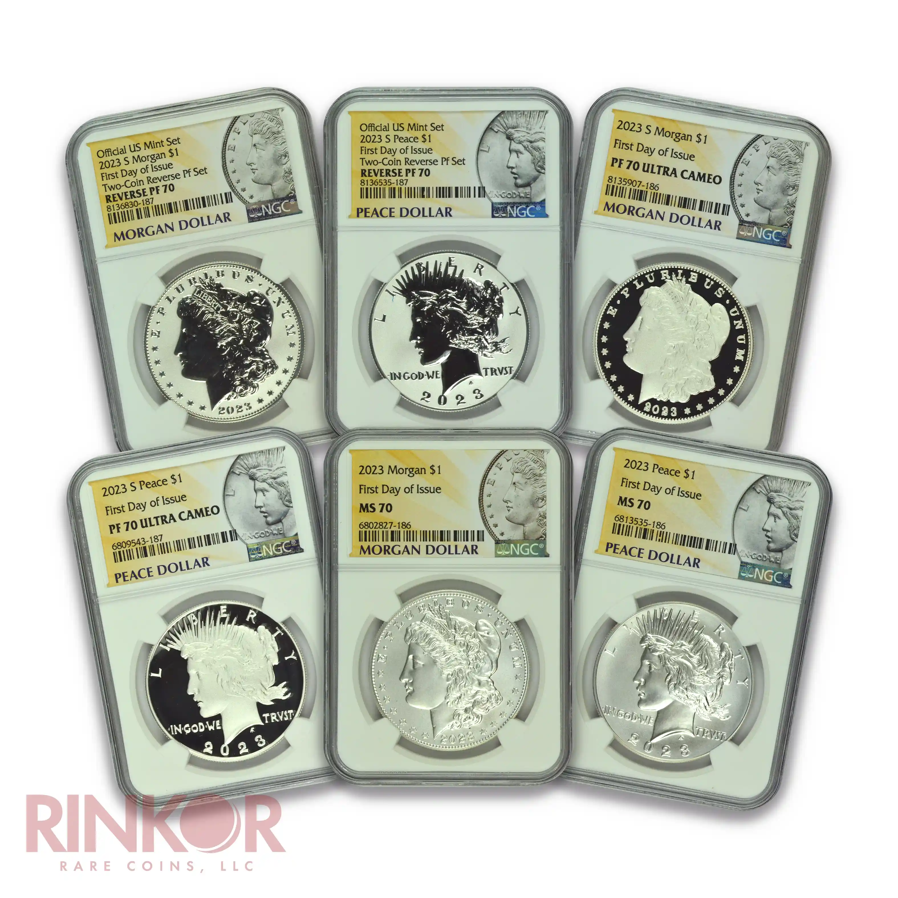 2023 Morgan and Peace Dollar 6-Coin Set First Day of Issue NGC PF 70