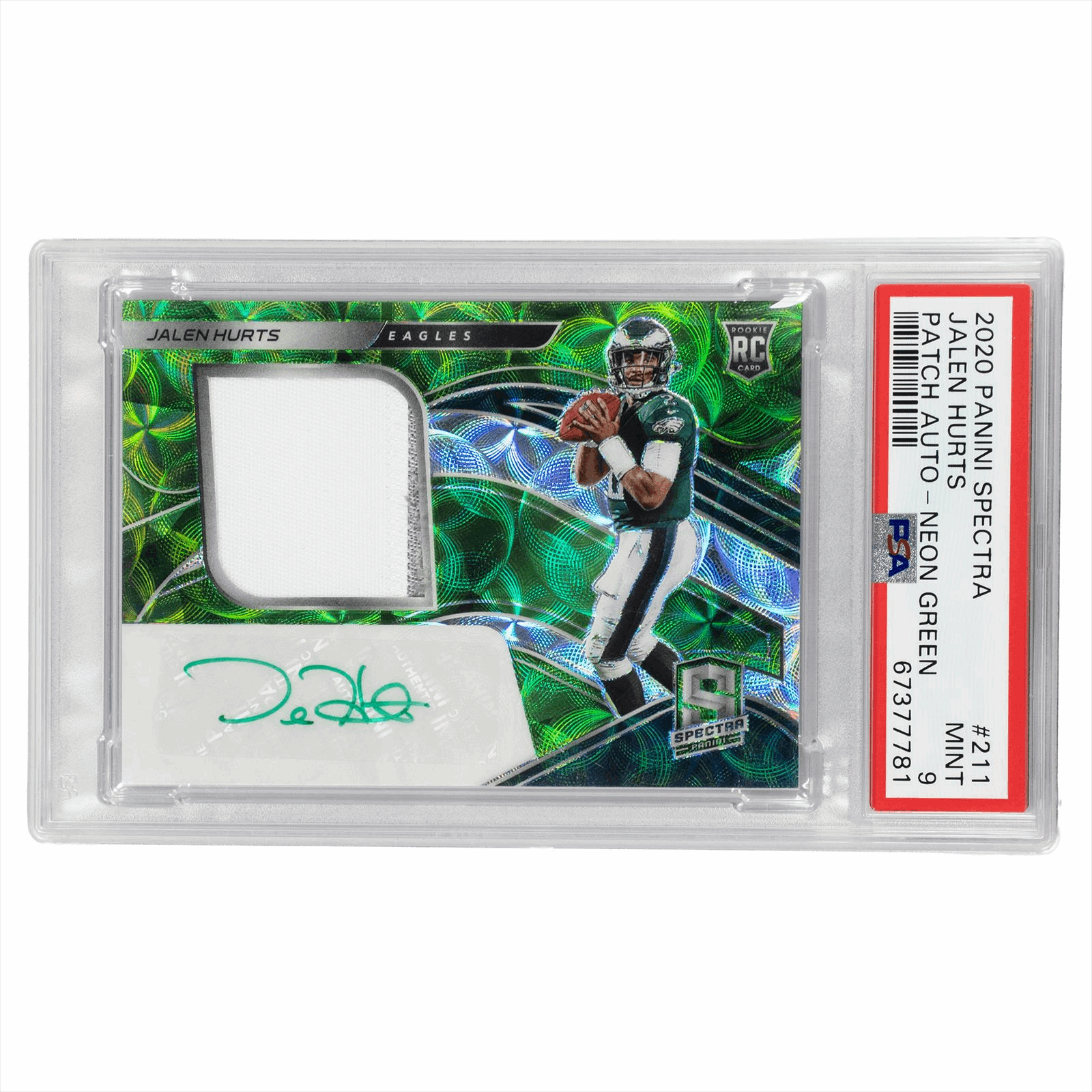 2020 Panini Spectra Jalen Hurts Patch Auto Neon Green# 211 PSA MINT 9 Cert #67377781