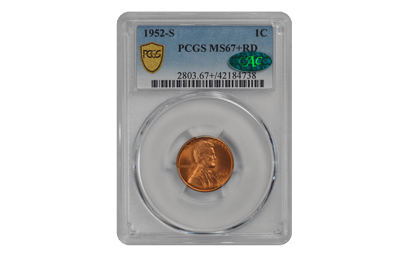 1952-S 1C Lincoln Cent - Type 1 Wheat Reverse PCGS RD (CAC) #3677-2 MS67+