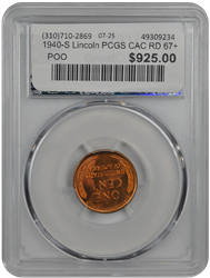 1940-S Lincoln PCGS CAC RD 67+