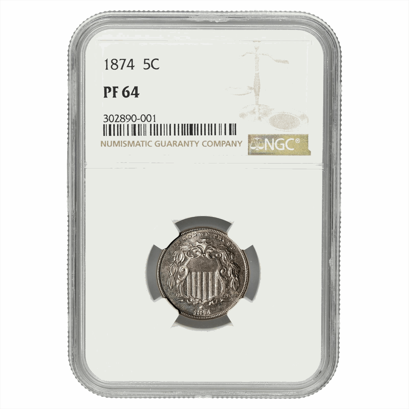 1874 Shield Nickel 5C NGC PF 64