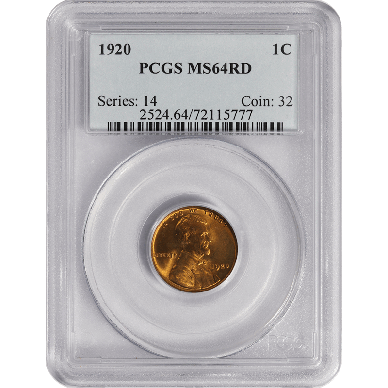 1920 Lincoln Cent 1c, PCGS MS-64 RD - Nice Color