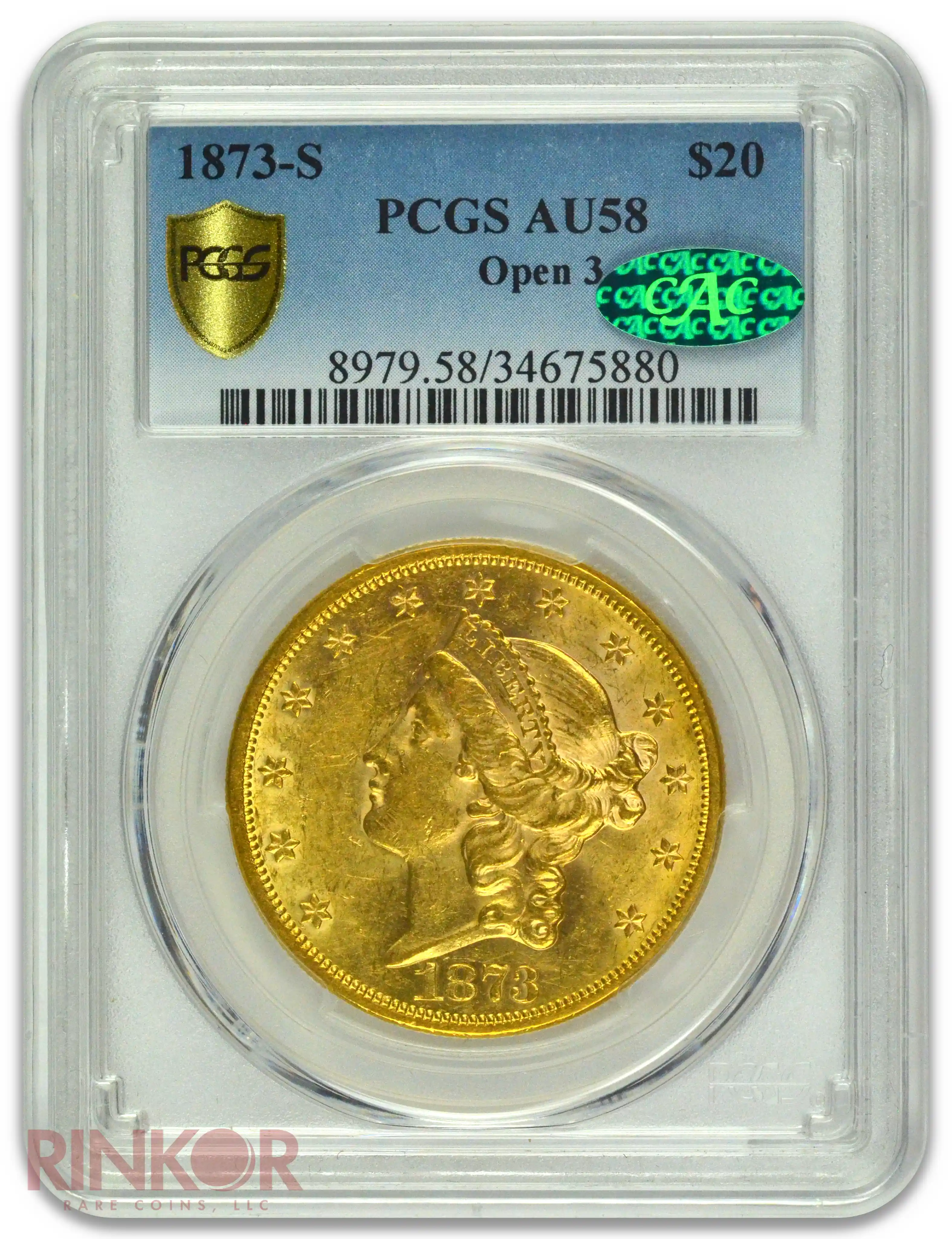1873-S Open 3 $20 Liberty PCGS AU-58 CAC