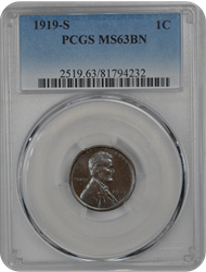 1919-S 1C Lincoln Cent - Type 1 Wheat Reverse PCGS BN #3602-13 MS63