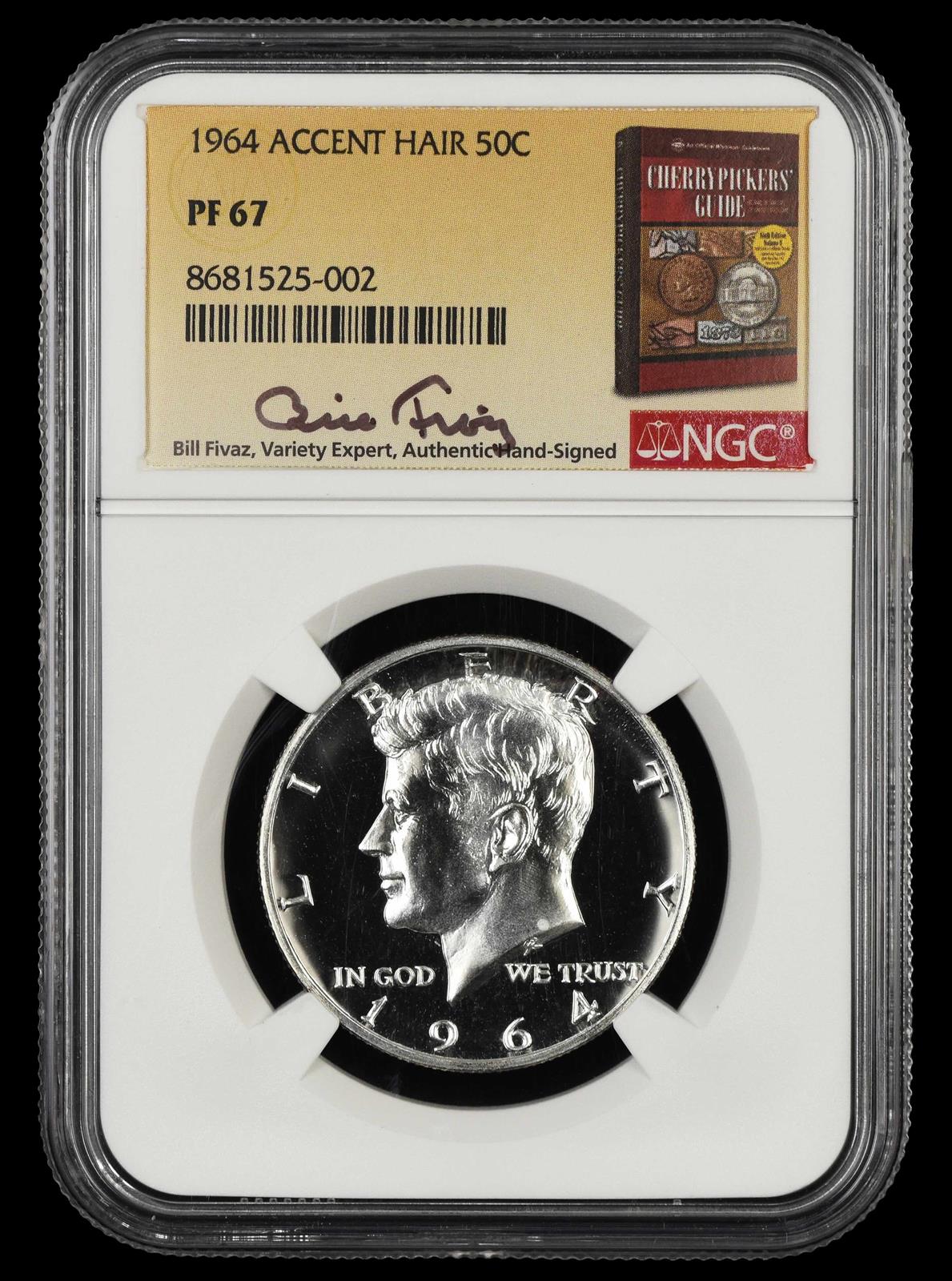1964 Kennedy Half Dollar Accented Hair Bill Fivaz Signature Label NGC  PF 67