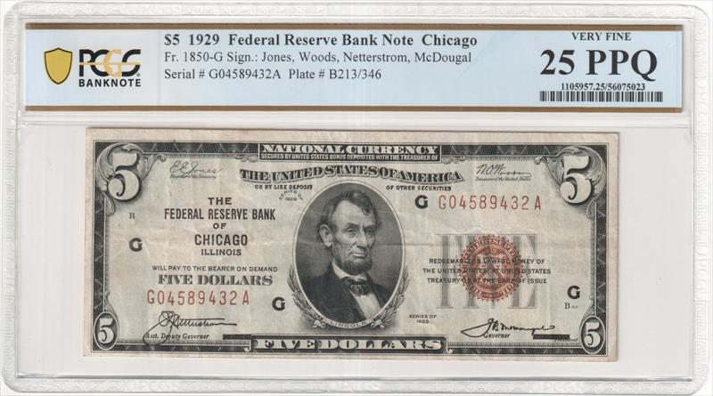 Fr. 1850-G 1929 $5 Federal Reserve Bank Note Chicago PCGS VF25 PPQ 