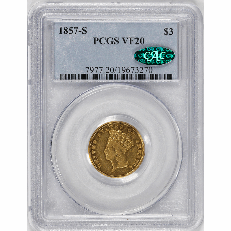 1857-S G$3 Indian Princess Head - PCGS VF20 CAC - Very Nice Original Coin