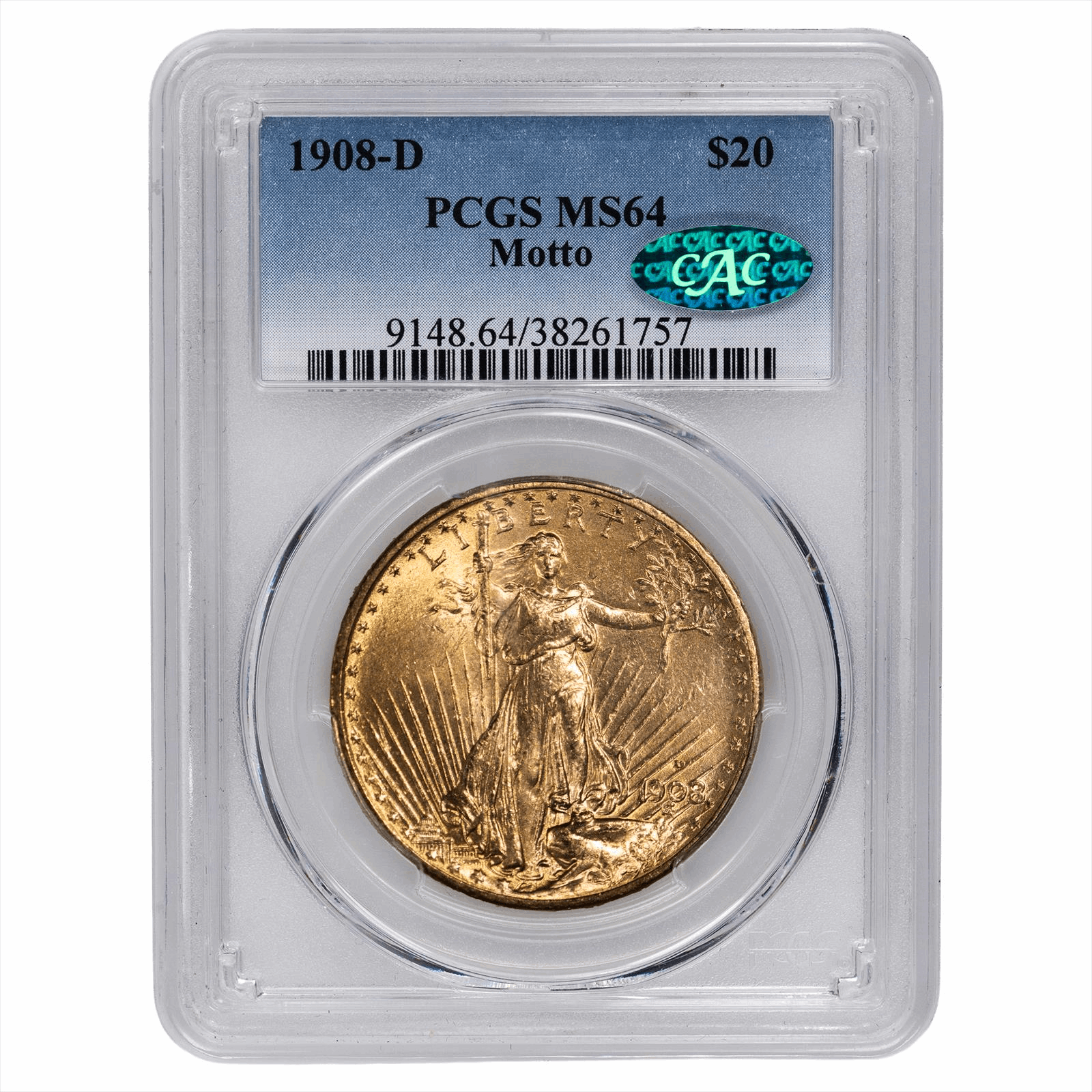 1908-D St. Gaudens Gold Double Eagle $20 With Motto PCGS MS 64 CAC