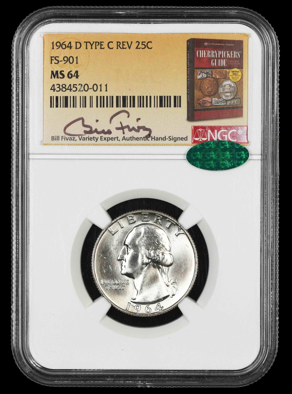 1964 D Washington Quarter Type C Reverse FS-901 NGC MS64 CAC Bill Fivaz Signature Label MS64