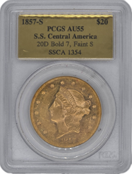 1857-S $20 SSCA PCGS AU55 BOLD 7 FAINT S