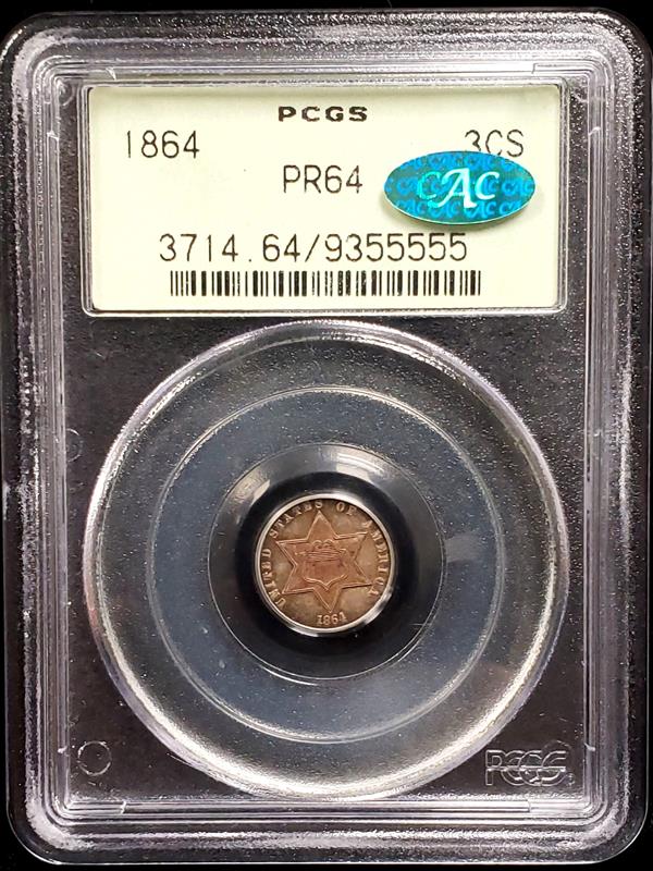 1864 Three Cent PCGS PR64 CAC OGH