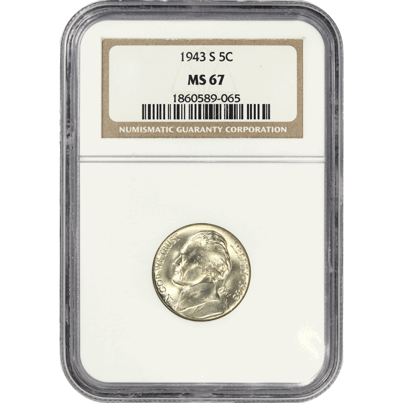 1943-S Jefferson Silver War Nickel 5c, NGC  MS67 - Nice White Coin