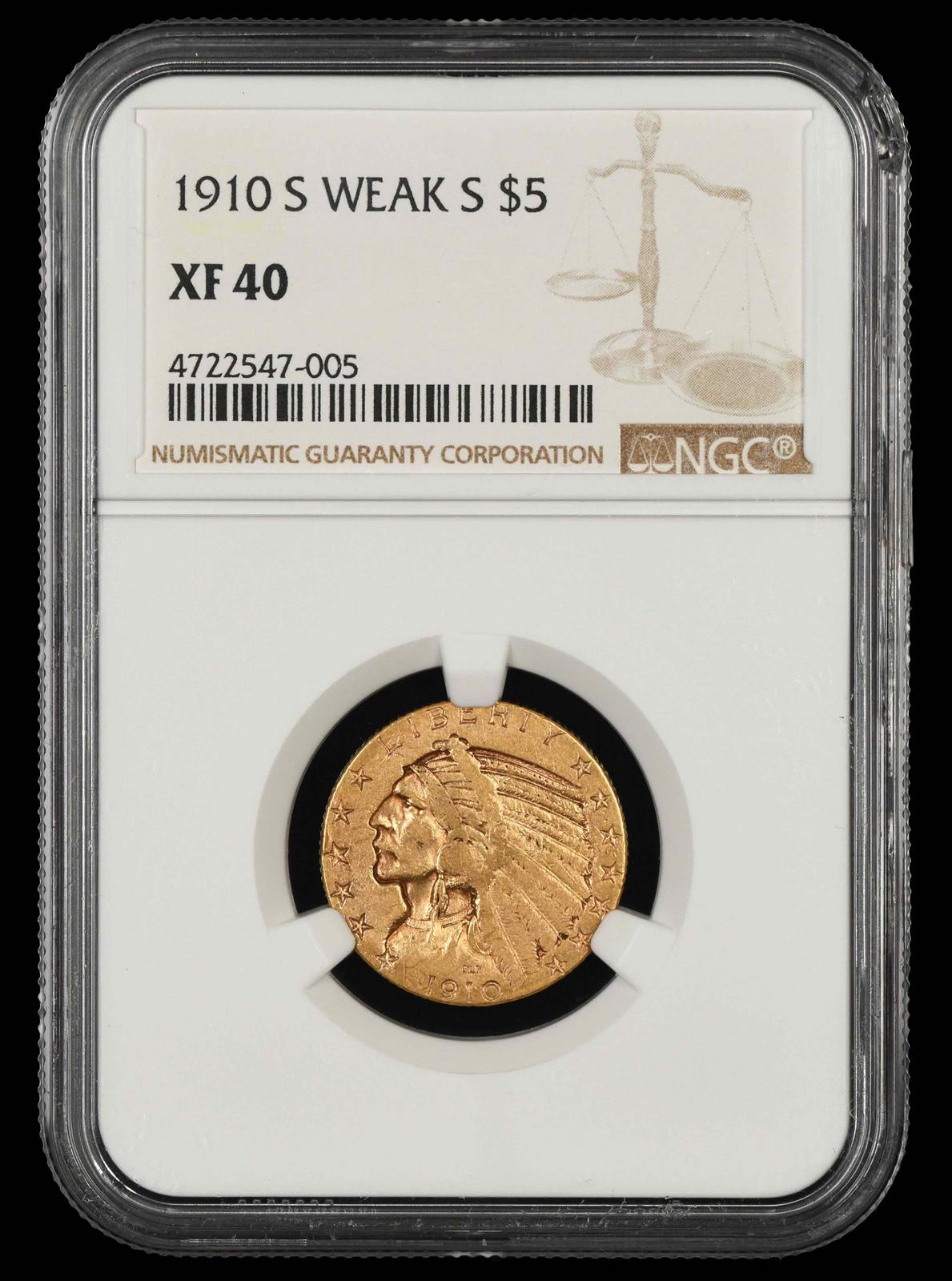 1910 S $5 Gold Weak S NGC XF 40