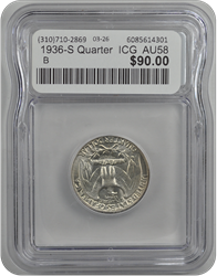 1936-S Quarter  ICG  AU58
