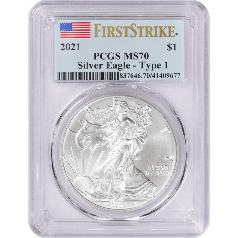 2021 American 1oz Silver Eagle $1, PCGS MS 70 - First Strike, Type 1