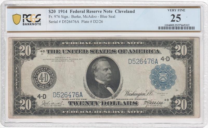 Fr. 976 1914 $20 Federal Reserve Note Cleveland PCGS VF25 