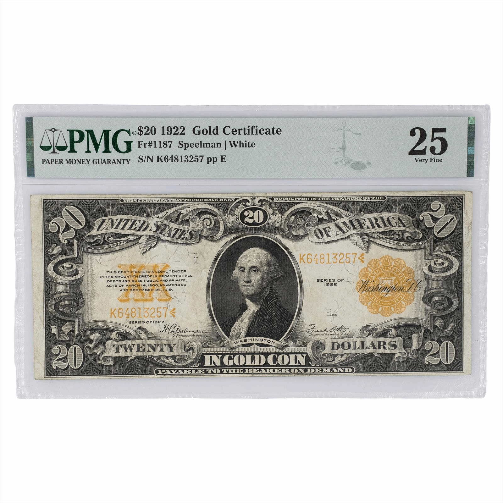 1922 $20 US Gold Certificate Fr#1187 PMG Very Fine 25