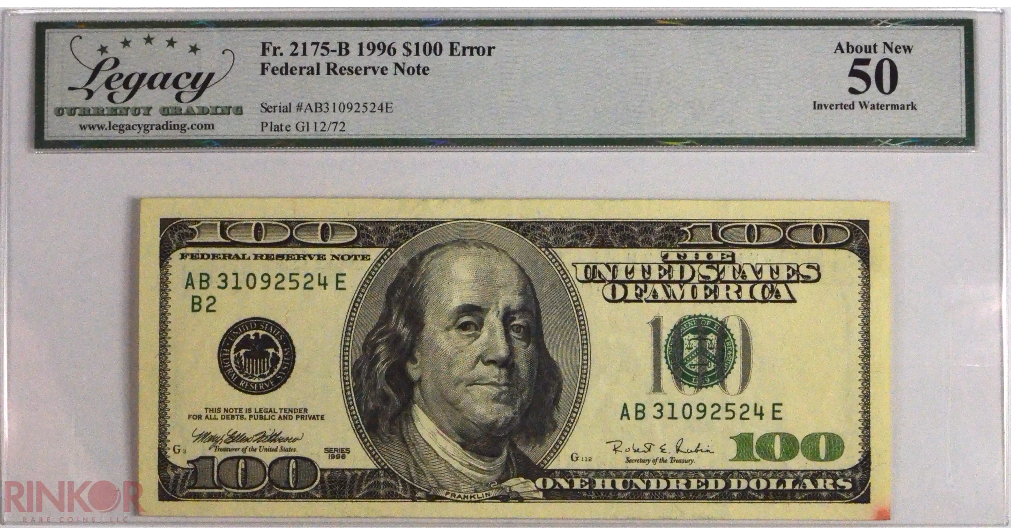 1996 $100 Fr. 2175-B Error Federal Reserve Note LCG AU-50