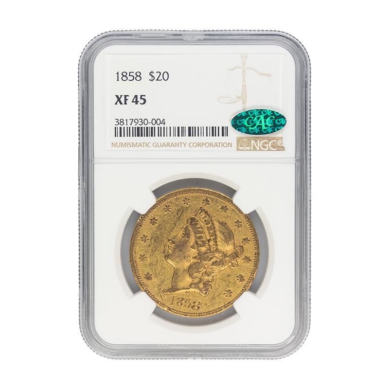 1858 Liberty Head Gold, $20 NGC XF-45 CAC - Better Date