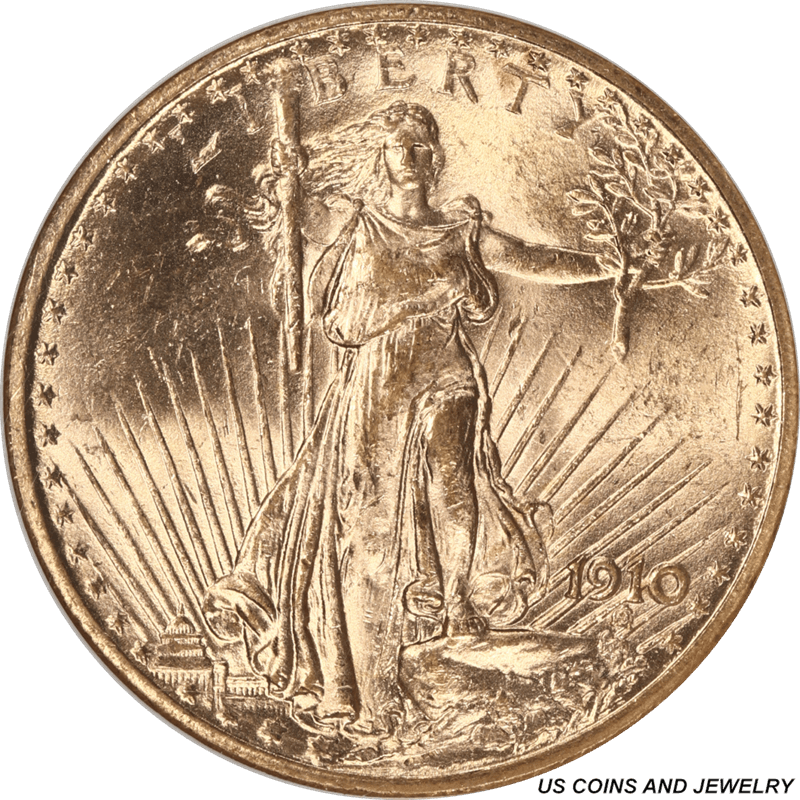 1910 St. Gaudens $20 Gold Double Eagle NGC MS 62 Frosty Gold Luster