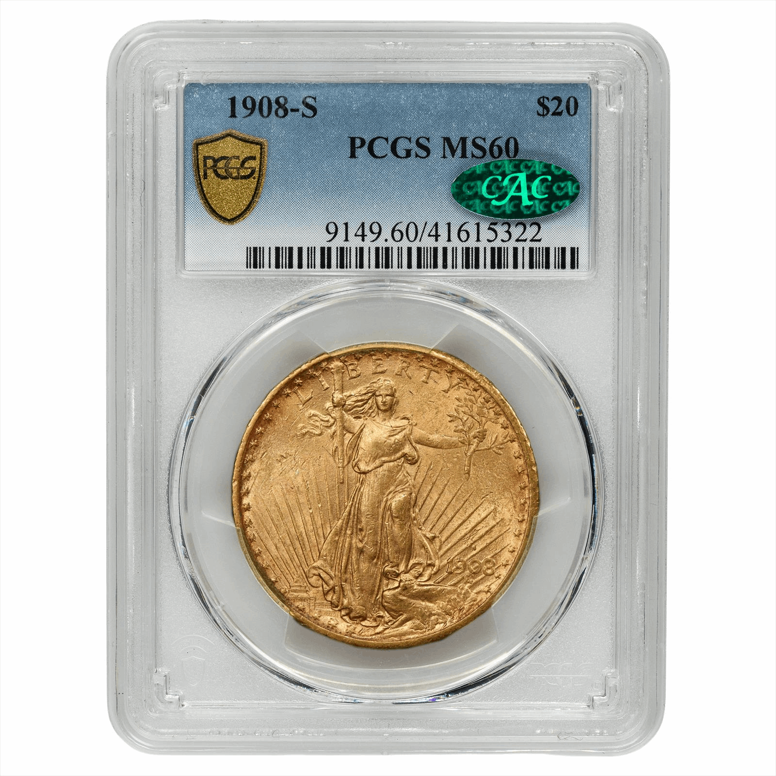 1908-S St. Gaudens Gold Double Eagle $20 PCGS MS 60 CAC