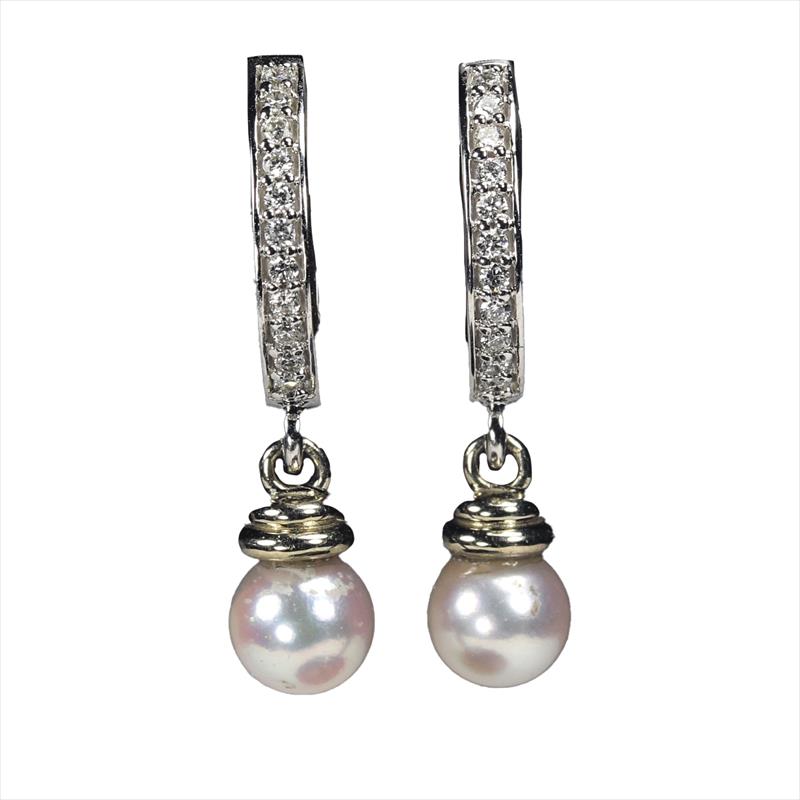 1/10 CTW Diamond and Pearl Earring Rhodium Plated 