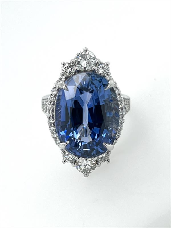 Custom 18k Two Tone Ring with 22.87ct GIA Certified Ceylon blue Sapphire and 1.61cttw VS Diamond Halo and Accents 