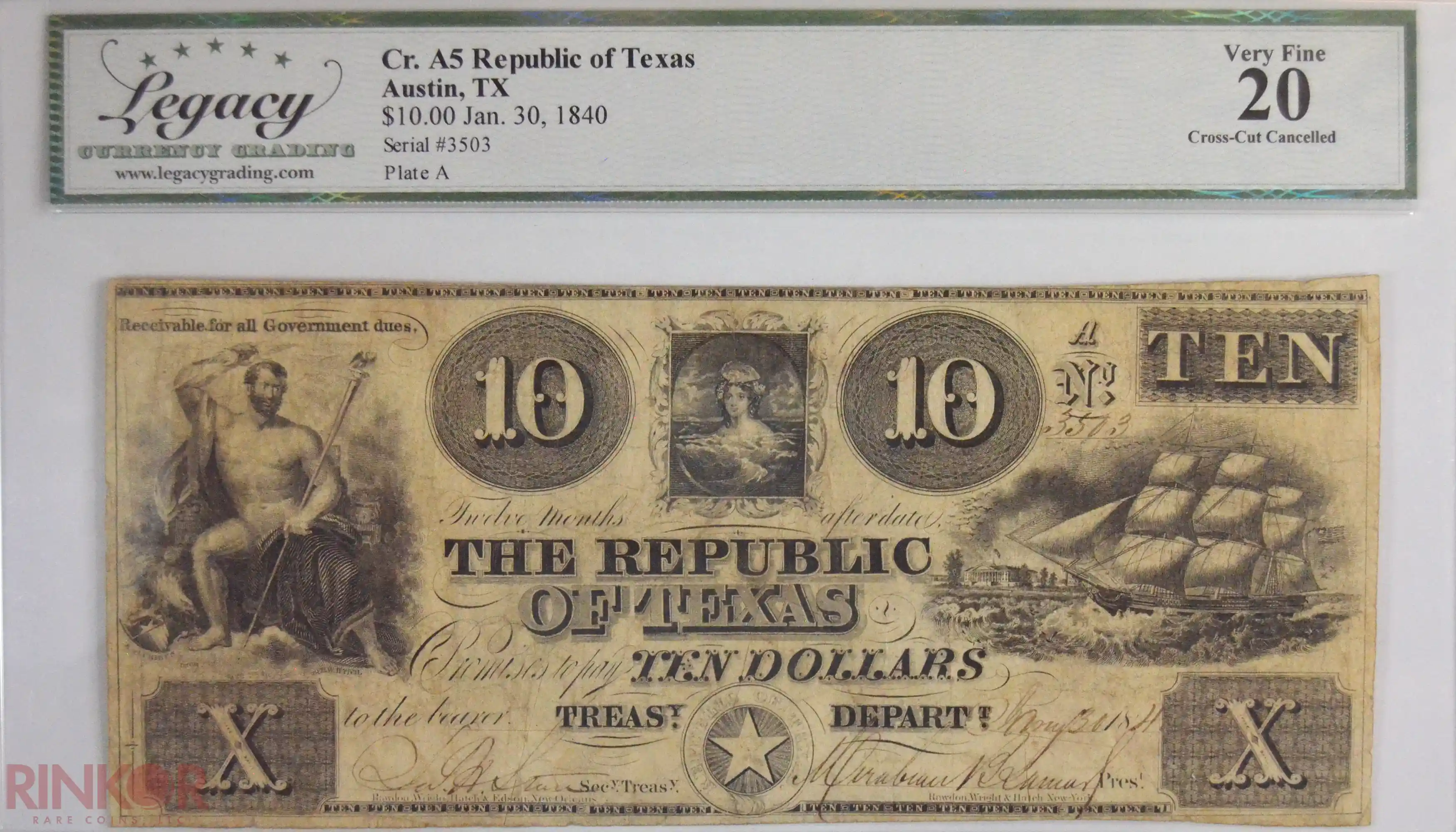 1840 $10 Cr. A5 Republic of Texas Cross-Cut Cancelled LCG VF-20