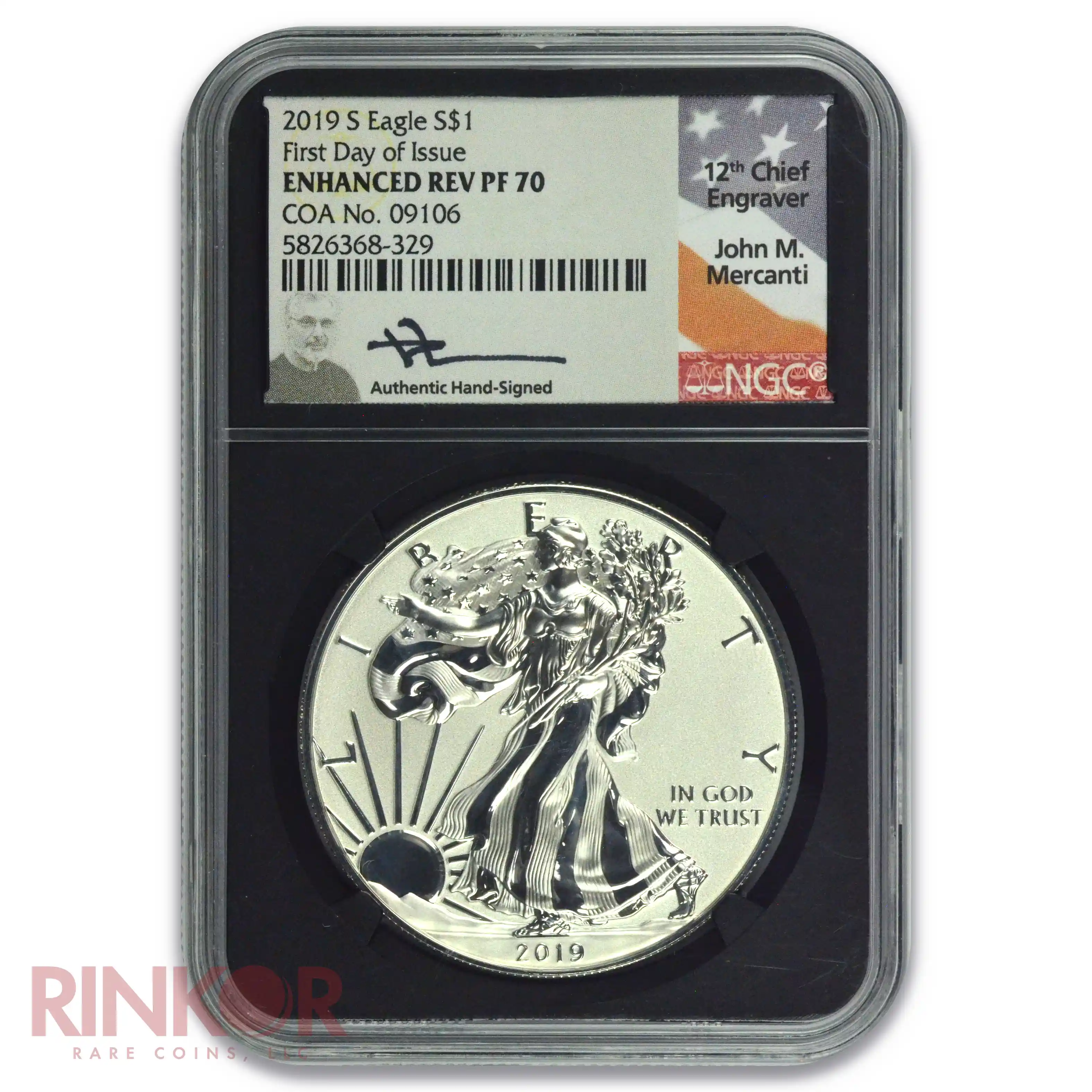 2019-S Enhanced Reverse Proof $1 Silver Eagle FDOI Mercanti Signature NGC PF 70