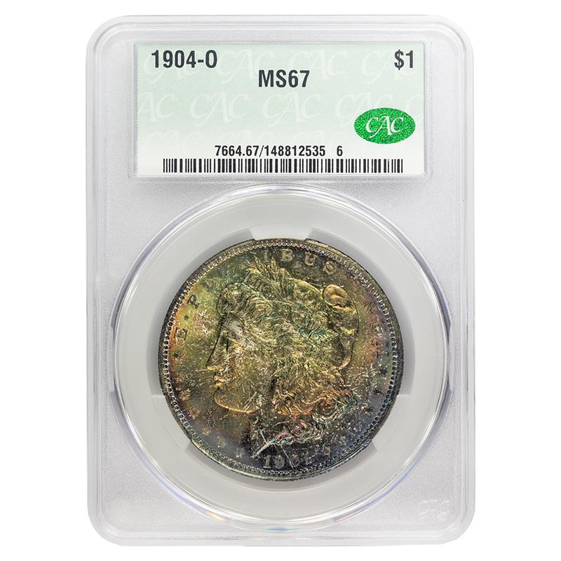 1904-O Morgan Dollar $1 CACG Exceptional Toning MS 67, CAC Certified Green