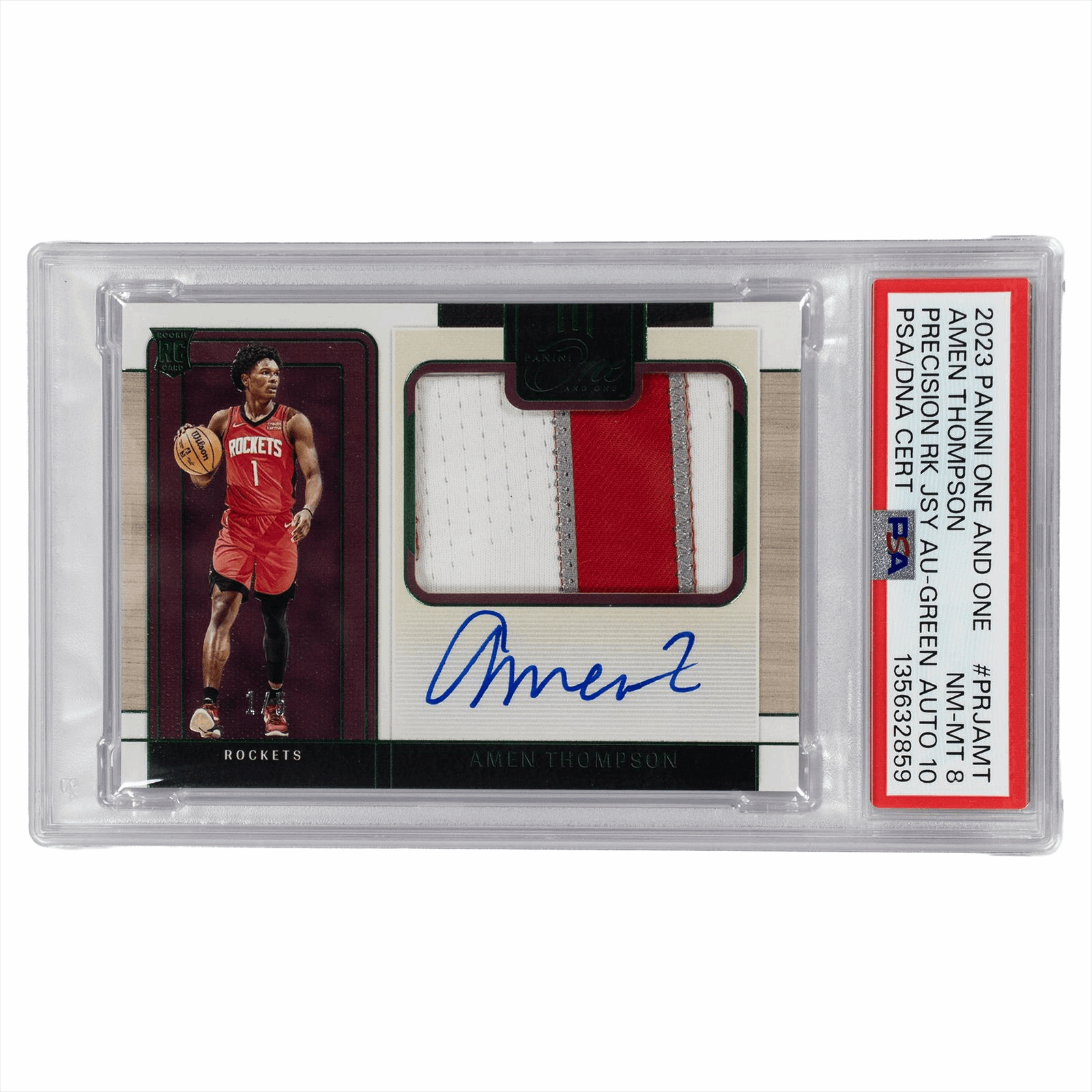 2023 Panini One and One Amen Thompson Precision RK JSY AU-Green PSA/DNA NM-MT 8 Auto 10