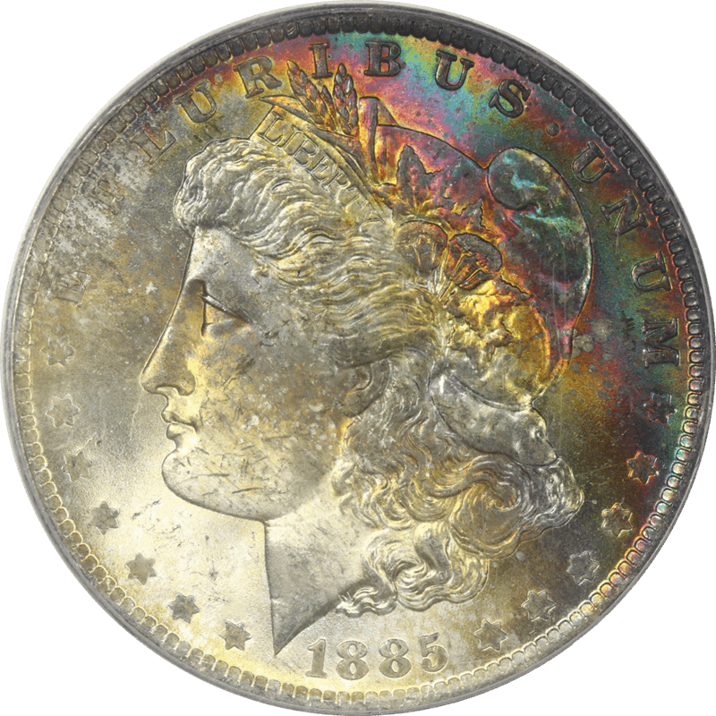 1885-O Morgan Silver Dollar PCGS and  MS65 CAC - Lustrous, Rainbow Toning, PQ+