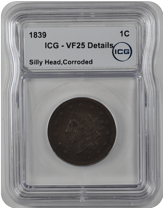 1839 Coronet Large Cent ICG VF25
