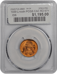 1939 Lincoln PCGS CAC RD 67+