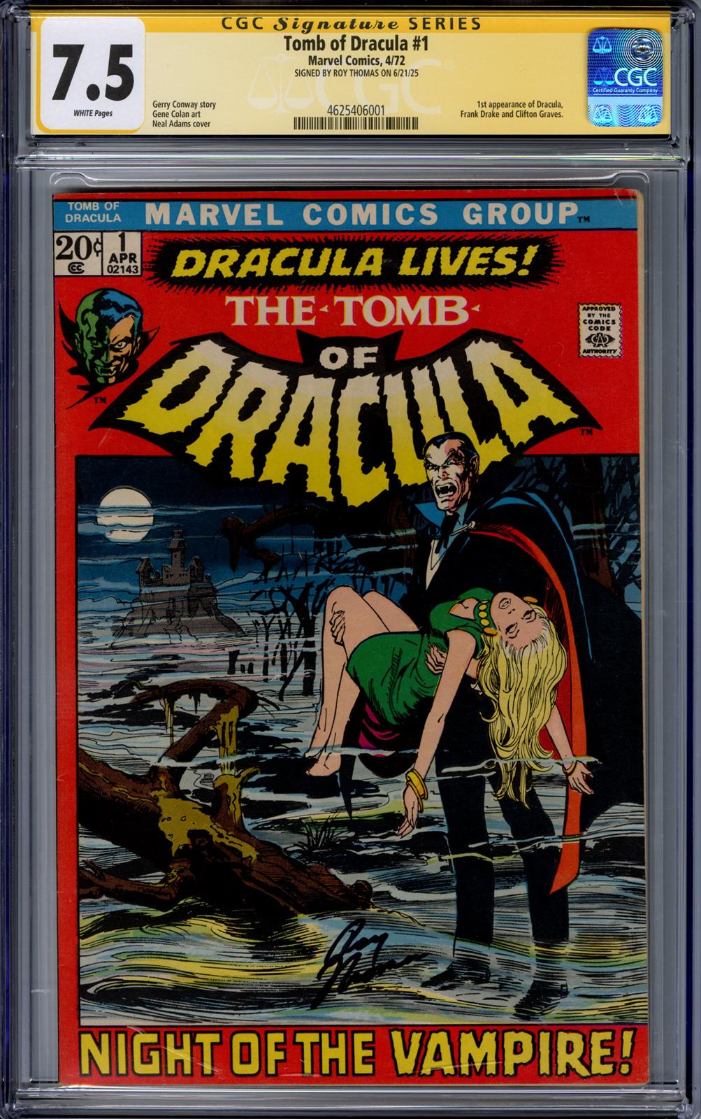 Tomb of Dracula #1 Marvel Comics 4/72 Signed by Roy Thomas CGC Signature Series 7.5
