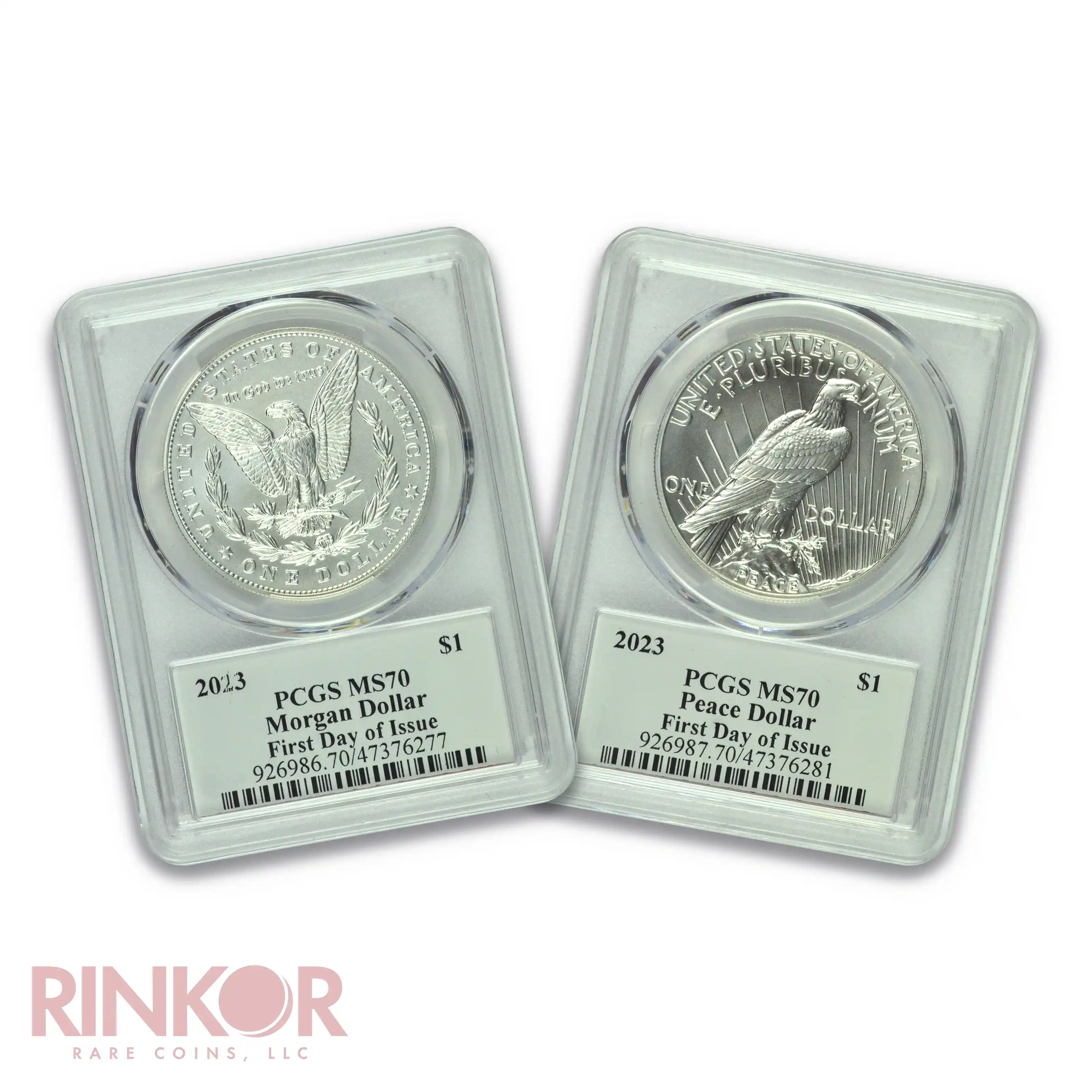 2023 $1 Morgan and Peace Dollar 2-Coin Set FDOI Dannreuther Sig PCGS MS 70