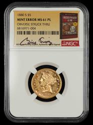 1880 S $5 Gold Obverse Struck Thru Bill Fivaz Signature Label NGC MS 61 PL