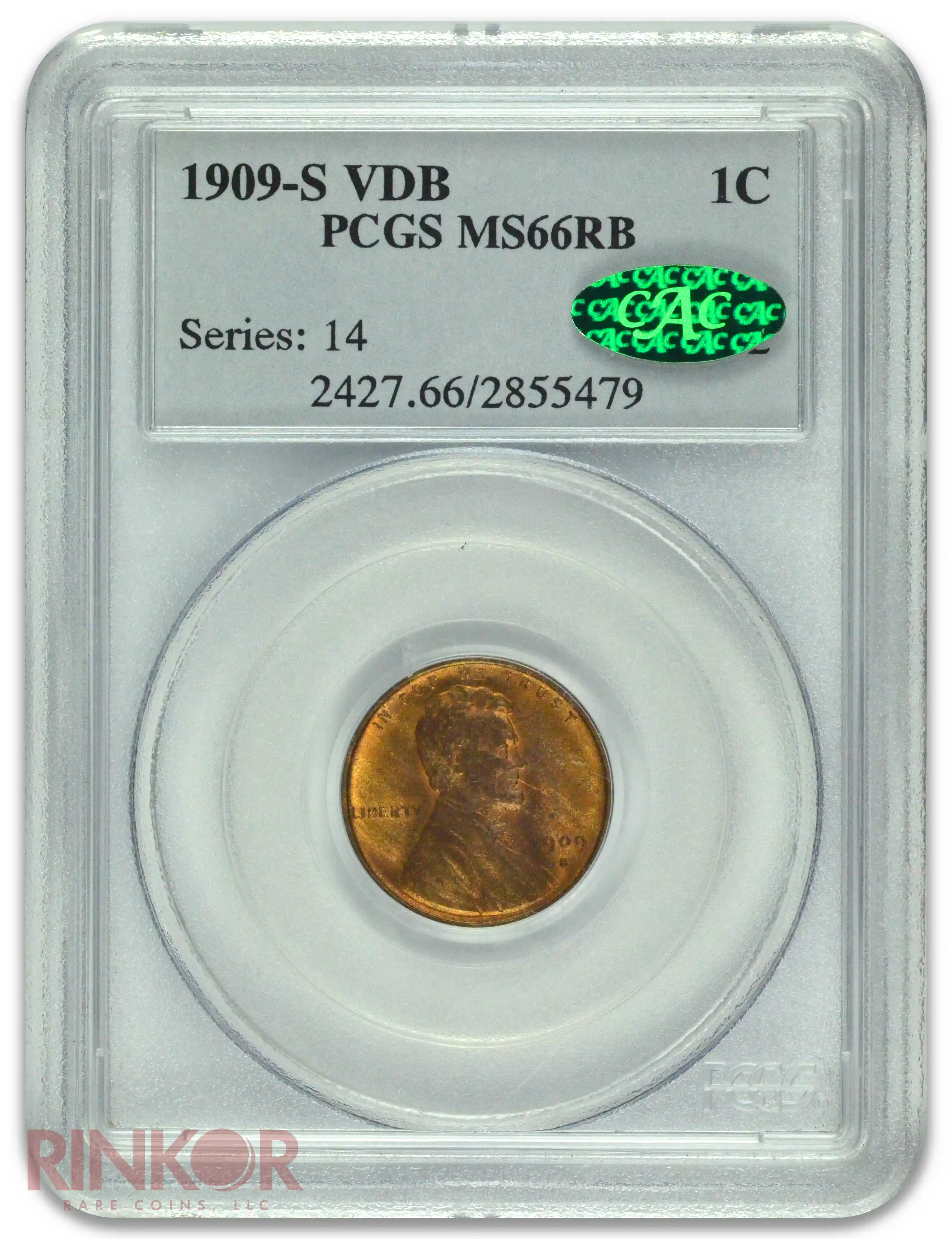 1909-S VDB 1C Lincoln Wheat Cent PCGS MS 66 RB CAC