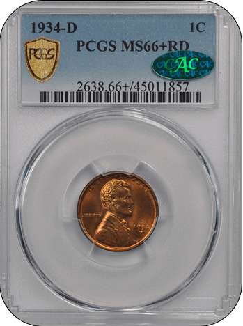 1934-D 1C Lincoln Cent - Type 1 Wheat Reverse PCGS RD (CAC) #3546-3 MS66+