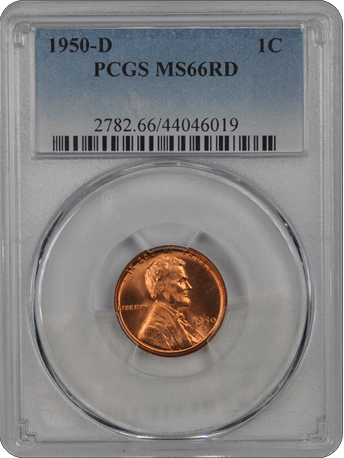 1950-D 1C Lincoln Cent - Type 1 Wheat Reverse PCGS RD #3461-16 MS66