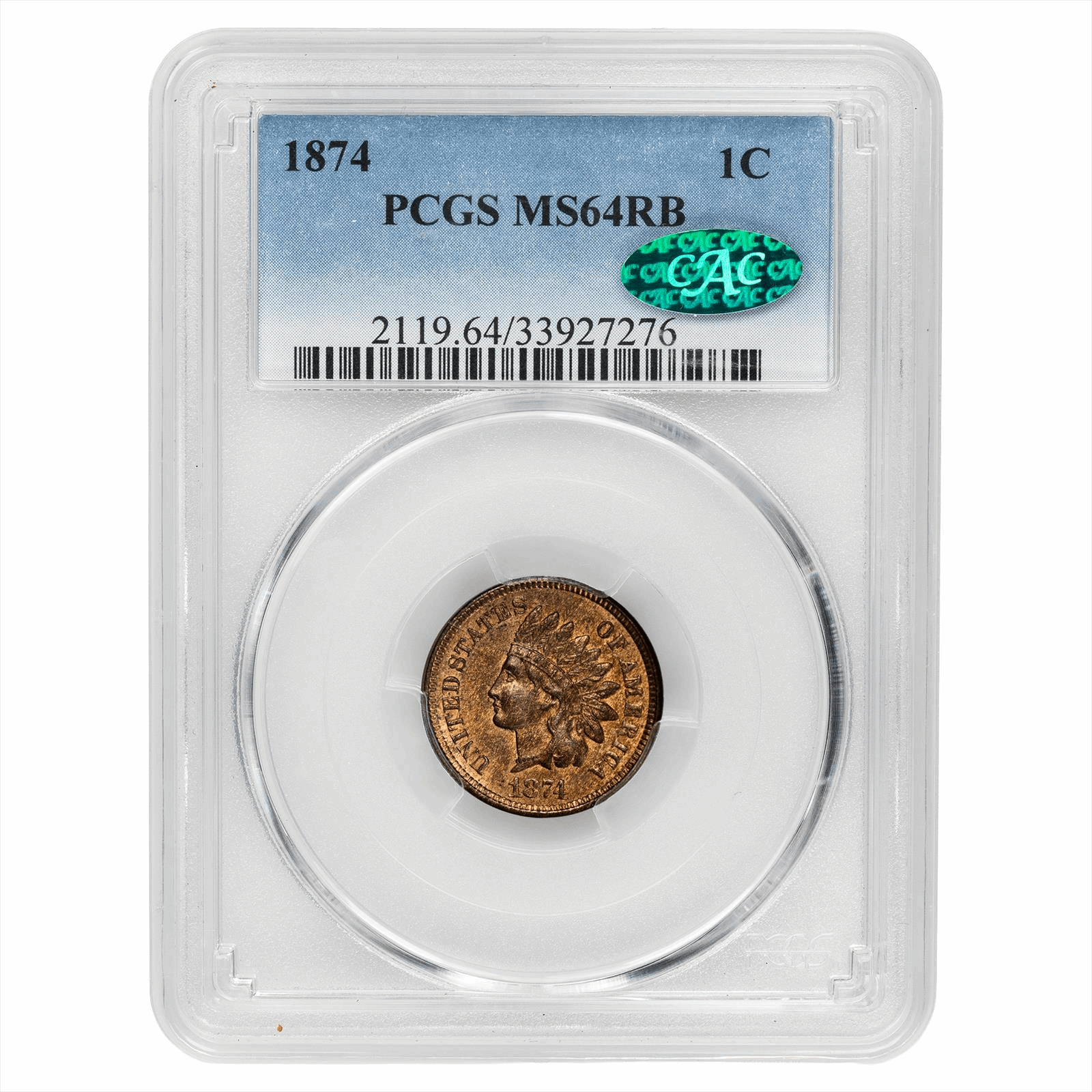 1874 Indian Head Cent 1C PCGS MS 64 RB CAC