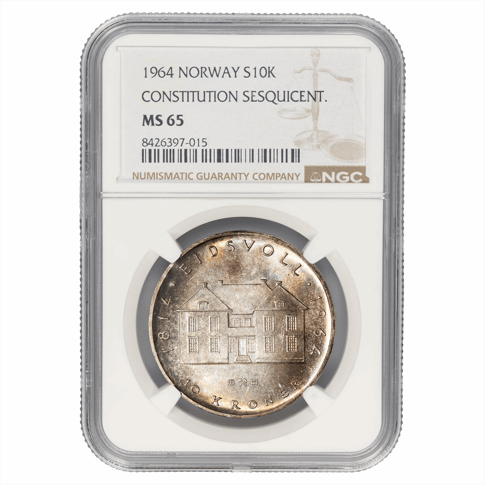 1964 Norway Olav V 10 Kroner Constitution Sesquicentennial NGC MS 65