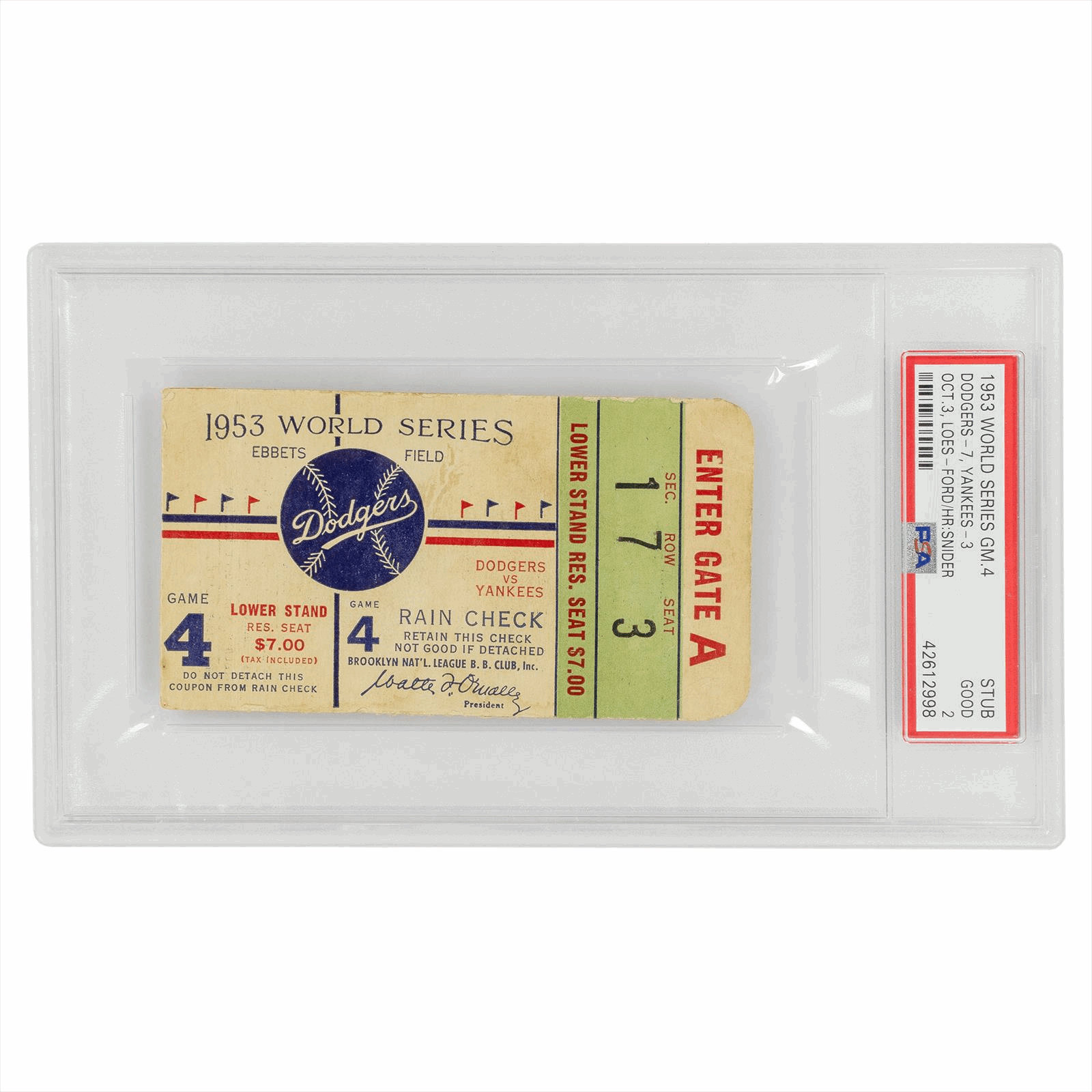 1953 World Series Game 4 Dodger-7 Yankees-3 Ticket Stub PSA GOOD 2